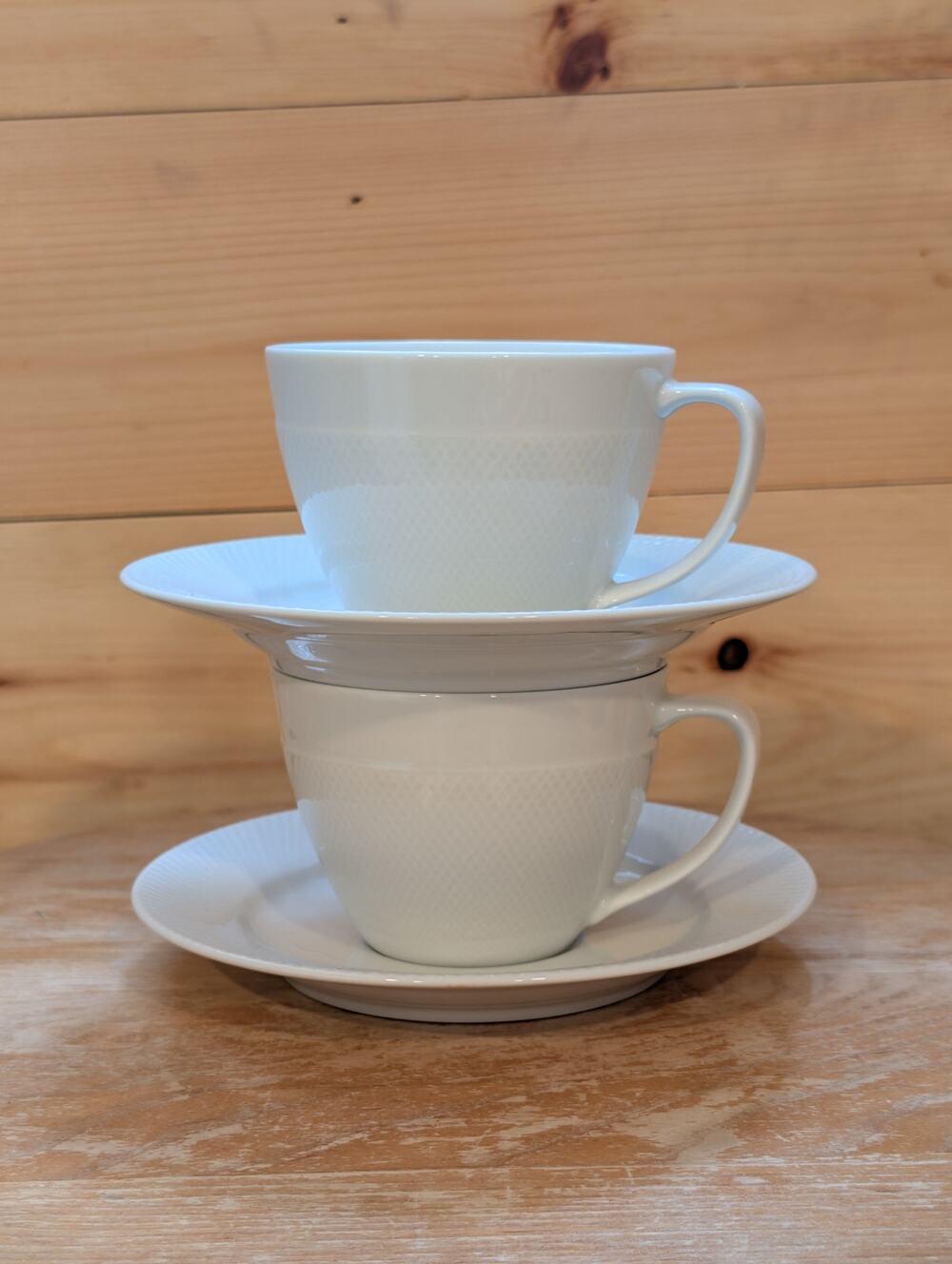 Pottery Barn Textured White Tea Cups & Saucers - Set of 2 - Embossed Stoneware